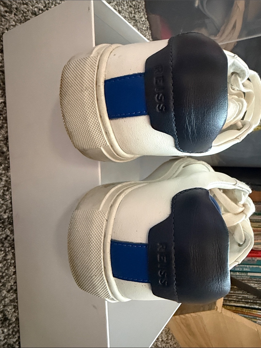 Reiss Classic White Leather Low-Top Sneakers with grey Suede Accents - Picture 2 of 8